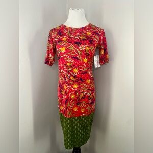 LuLaRoe Julia Dress Red and Green Multicolor Bohemian Pattern Midi Form Fitting